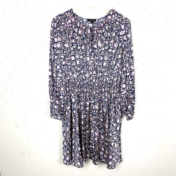 J.Crew V-Neck Mini Dress Floral Fields Navy Smocked Waist Ruffle Neck Medium - Picture 1 of 16